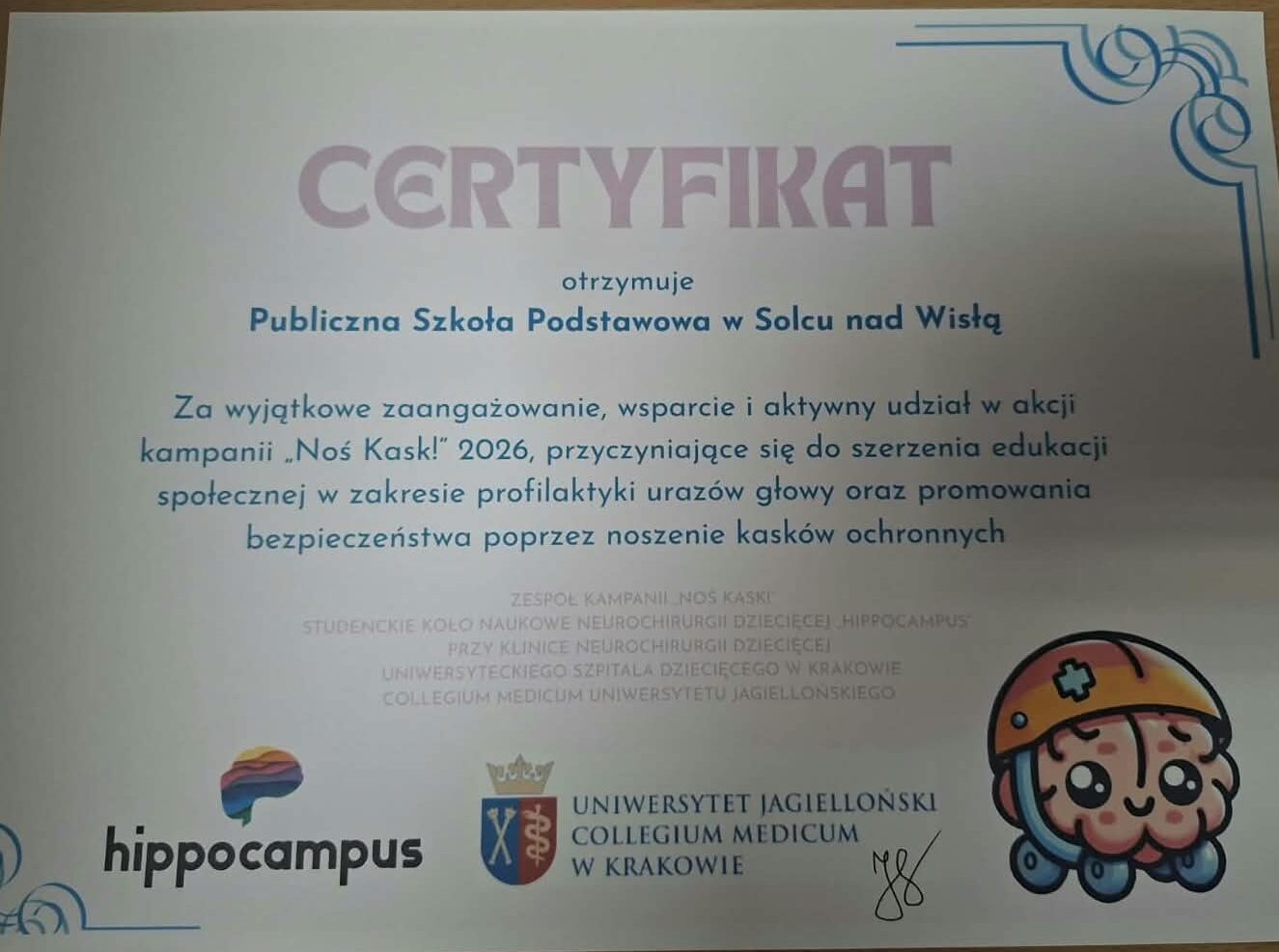 „Kto ma kask, ten ma mózg!” – spotkanie z Julią Rolak ze SKN Neurochirurgii Dziecięcej Hippocampus